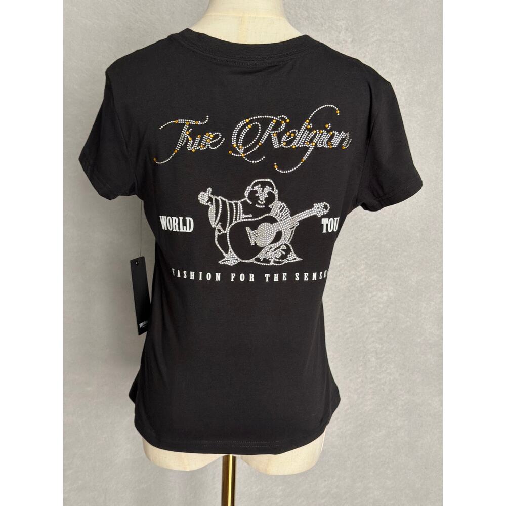 True Religion Buddha Logo T-shirt V-Neck Jet Black Women's Small NEW - Picture 4 of 10